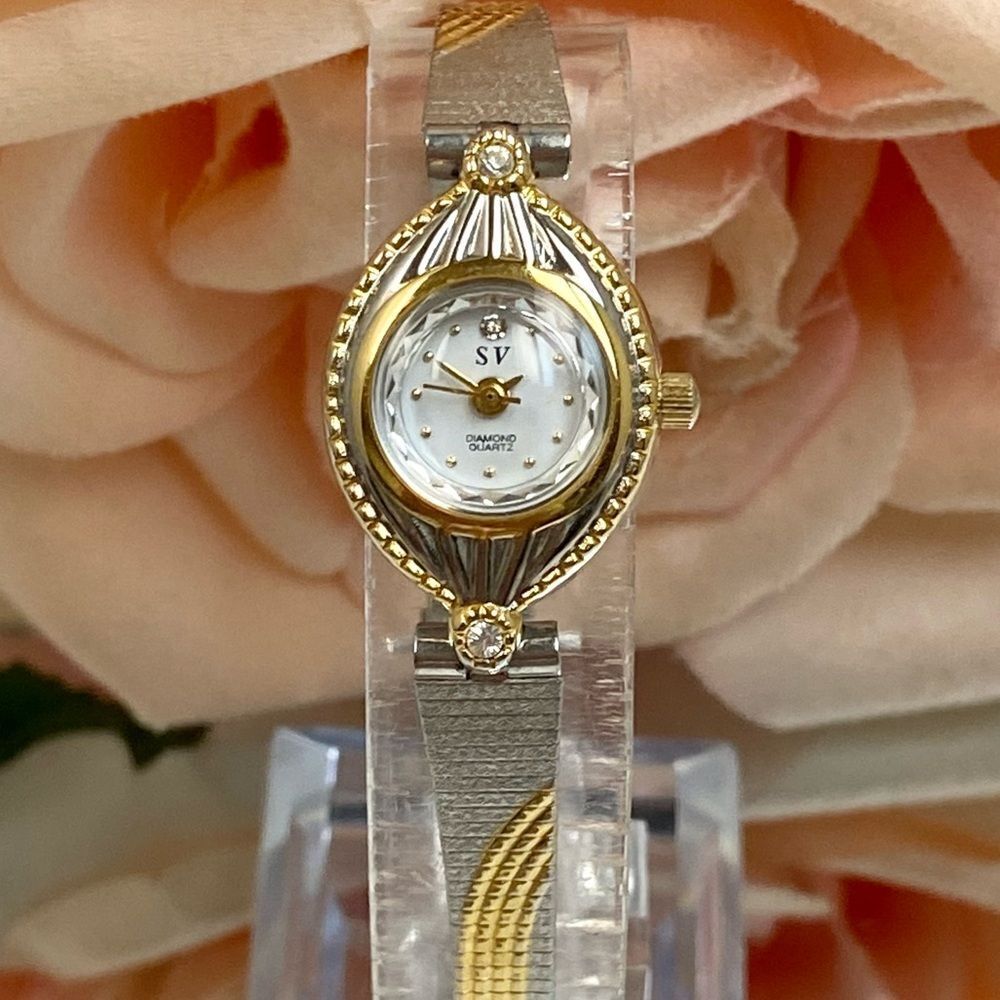 Vintage Sergio Valente Diamond Accented Dial Two-Tone Dainty Dress Watch - Picture 5 of 16
